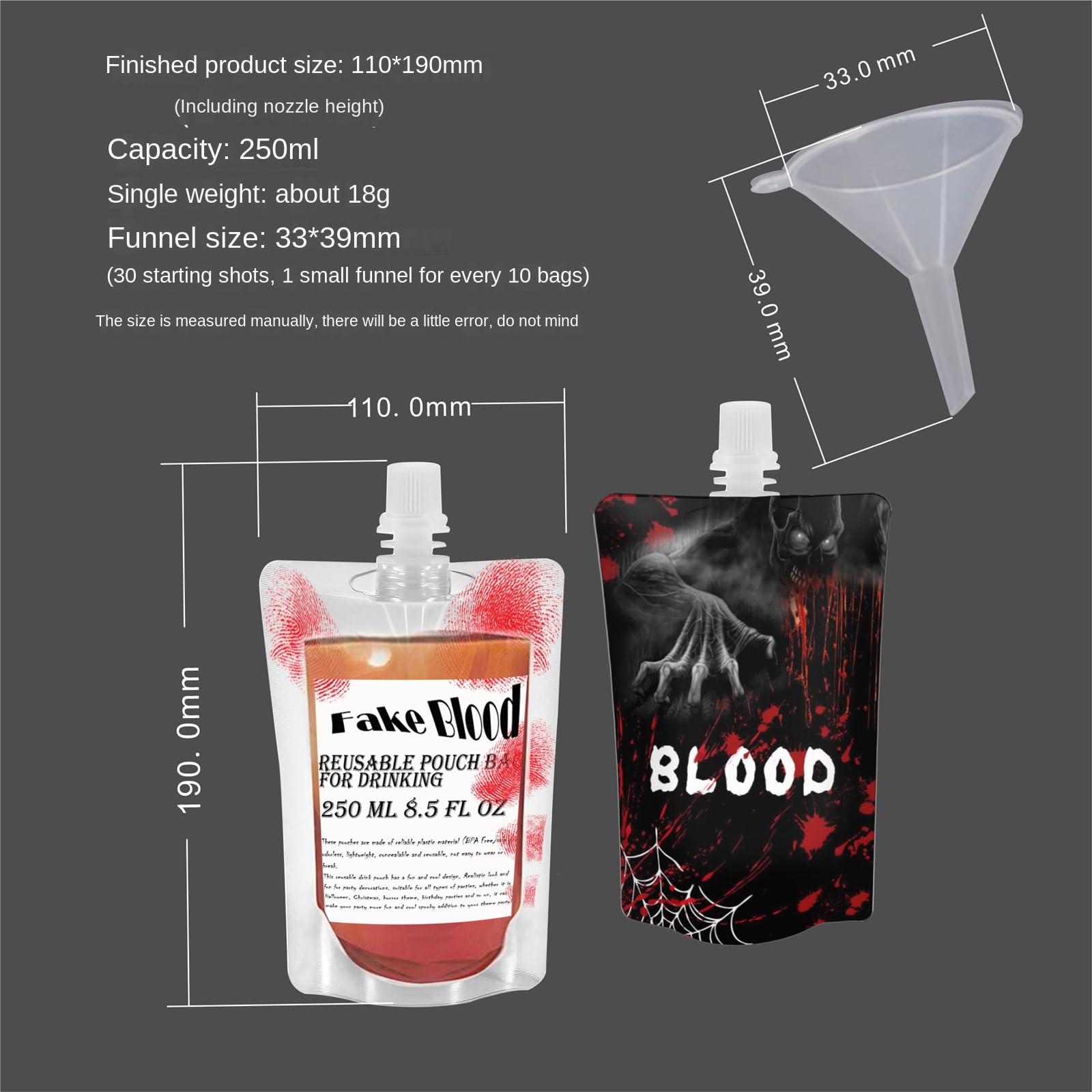 20 Pieces Halloween Fake Blood Bag，8.5oz Anti-Leak Bags with Cap，Drink Pouches，Party Decorations ，Christmas Vampire Hospital Nurse Zombie Theme Props ，with 2 Funnels，Reusable Food Grade