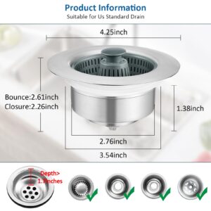 3 in 1 Kitchen Sink Drain Strainer and Stopper Combo, Stainless Steel Pop Up Sink Stopper with Anti-Clogging Basket Sink Strainer, Sink Bounce Core Drain Strainer for Standard 3-1/2 Inch Drain