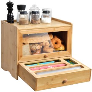 bamboo bread box with storage bags organizer, corner bread box for kitchen countertop, bread box for homemade bread with window, bamboo kitchen zip baggie organizer for drawer, pantry counter corner