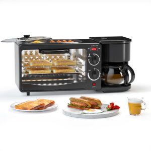 breakfast station, toaster with frying pan, portable oven breakfast maker with coffee machine, non stick die cast grill/griddle for bread egg sandwich bacon sausages (bright black)