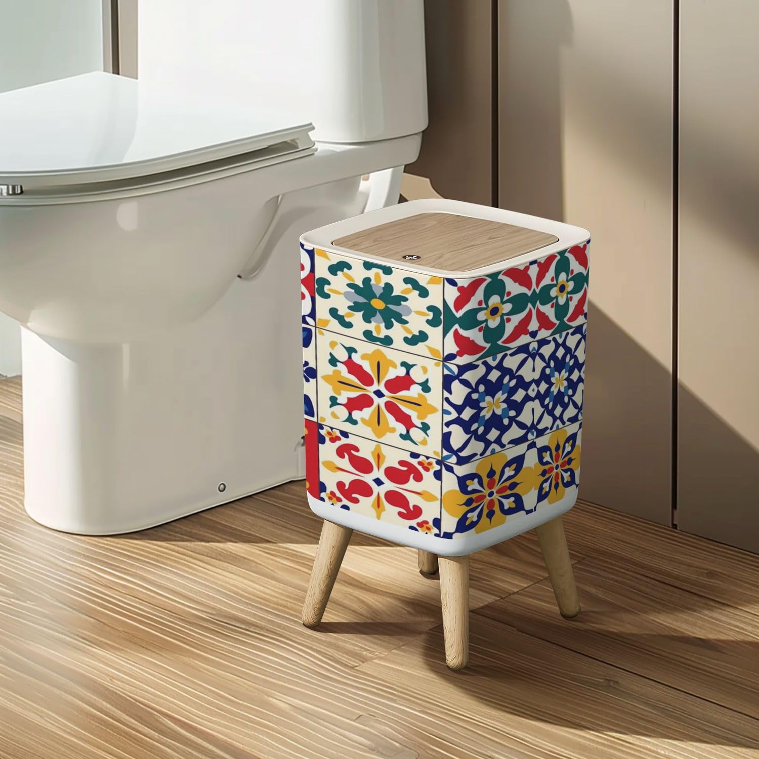 Small Trash Can with Lid Vintage tiles Traditional geometric ornate ceramic tiles seamless Wastebasket with Press Cover Dog Proof Garbage Can Waste Bin for Kitchen Bathroom Nursery 2.6 Gallon