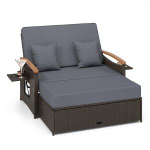 happygrill outdoor wicker sofa daybed, rattan loveseat with folding panels & storage ottoman, 4-level adjustable backrest, cozy cushions included, sun lounger daybed for backyard porch, (grey)