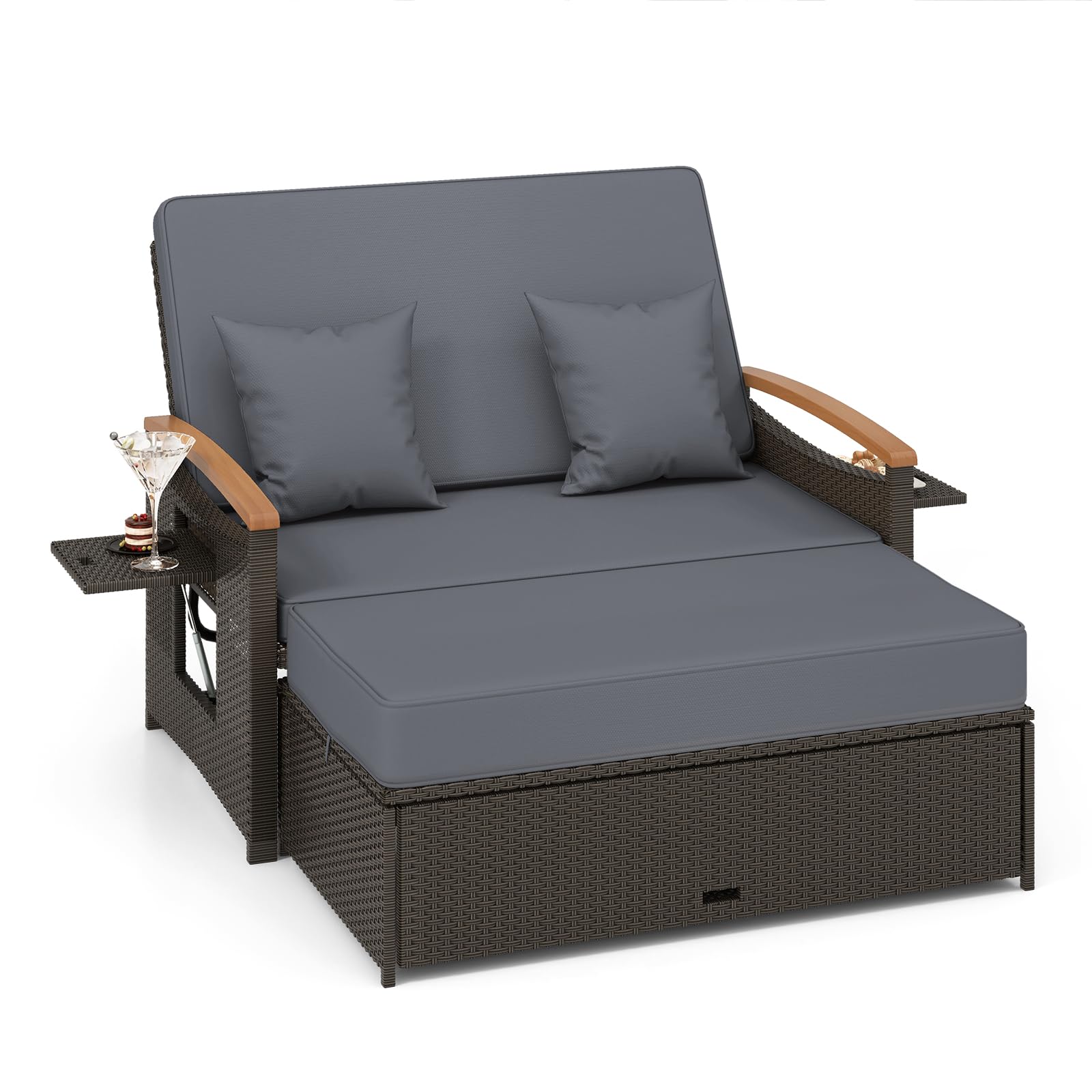 HAPPYGRILL Outdoor Wicker Sofa Daybed, Rattan Loveseat with Folding Panels & Storage Ottoman, 4-Level Adjustable Backrest, Cozy Cushions Included, Sun Lounger Daybed for Backyard Porch, (Grey)