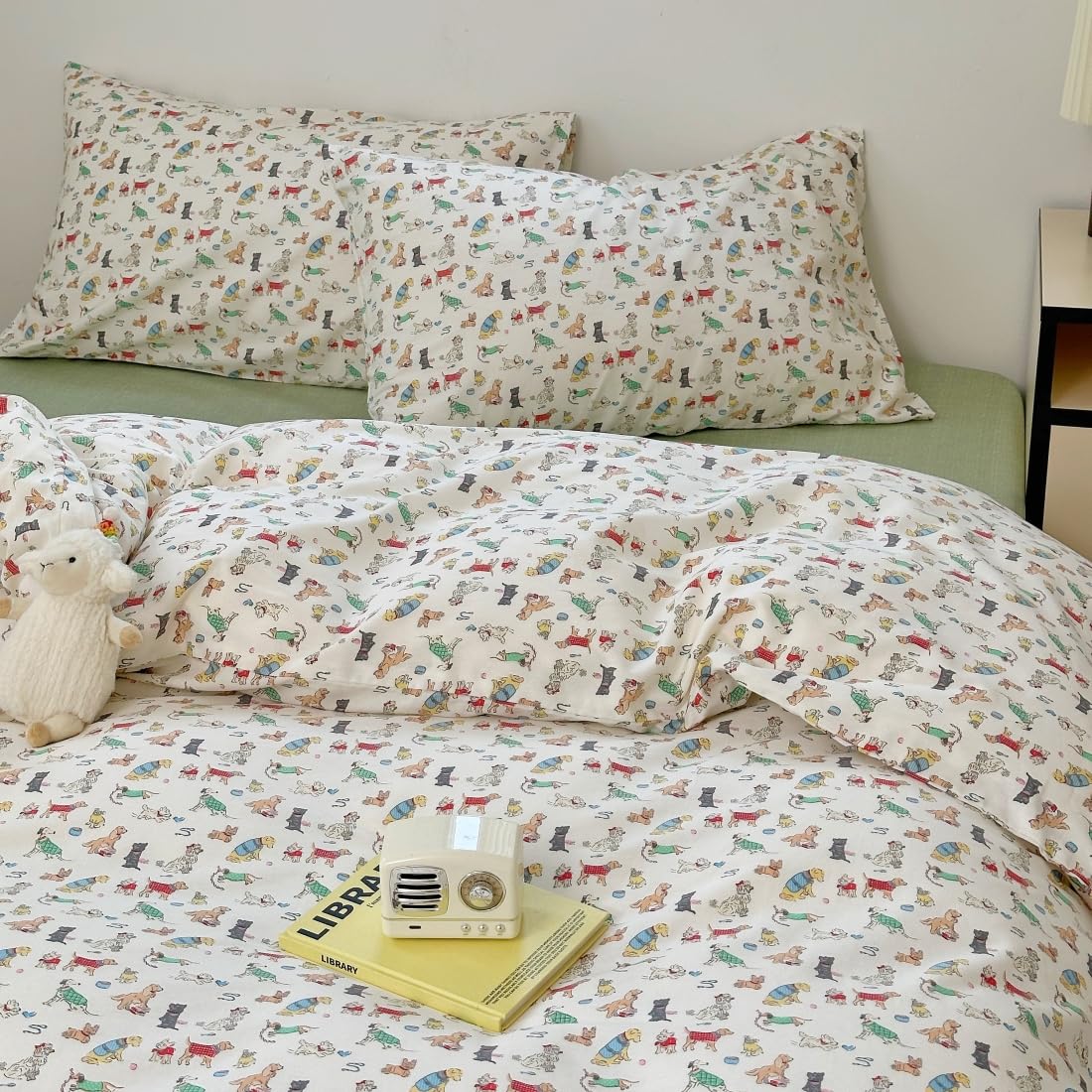 LIWHENHAO Dog Duvet Cover Set Twin 100% Cotton Bedding Cartoon Puppy Pet Pup on White 1 Kawaii Cute Animal Comforter Cover 2 Pillowcases for Kids Girls Boys