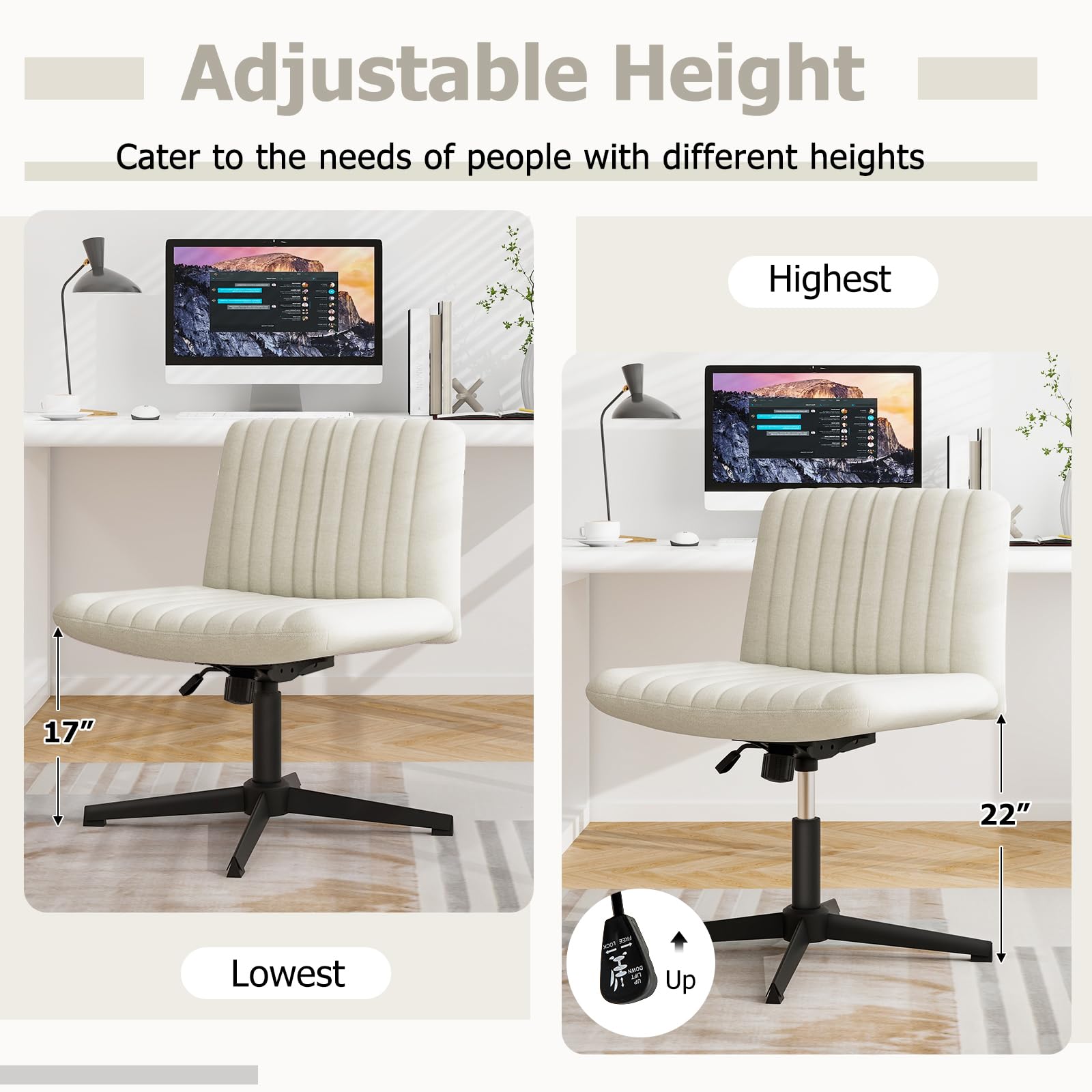 COSTWAY Criss Cross Legged Chair, Modern Armless Desk Chair w/Wide Seat & 120°Rocking, Height Adjustable Computer Task Chair No Wheels, Padded Swivel Vanity Chair for Home Office (Beige)