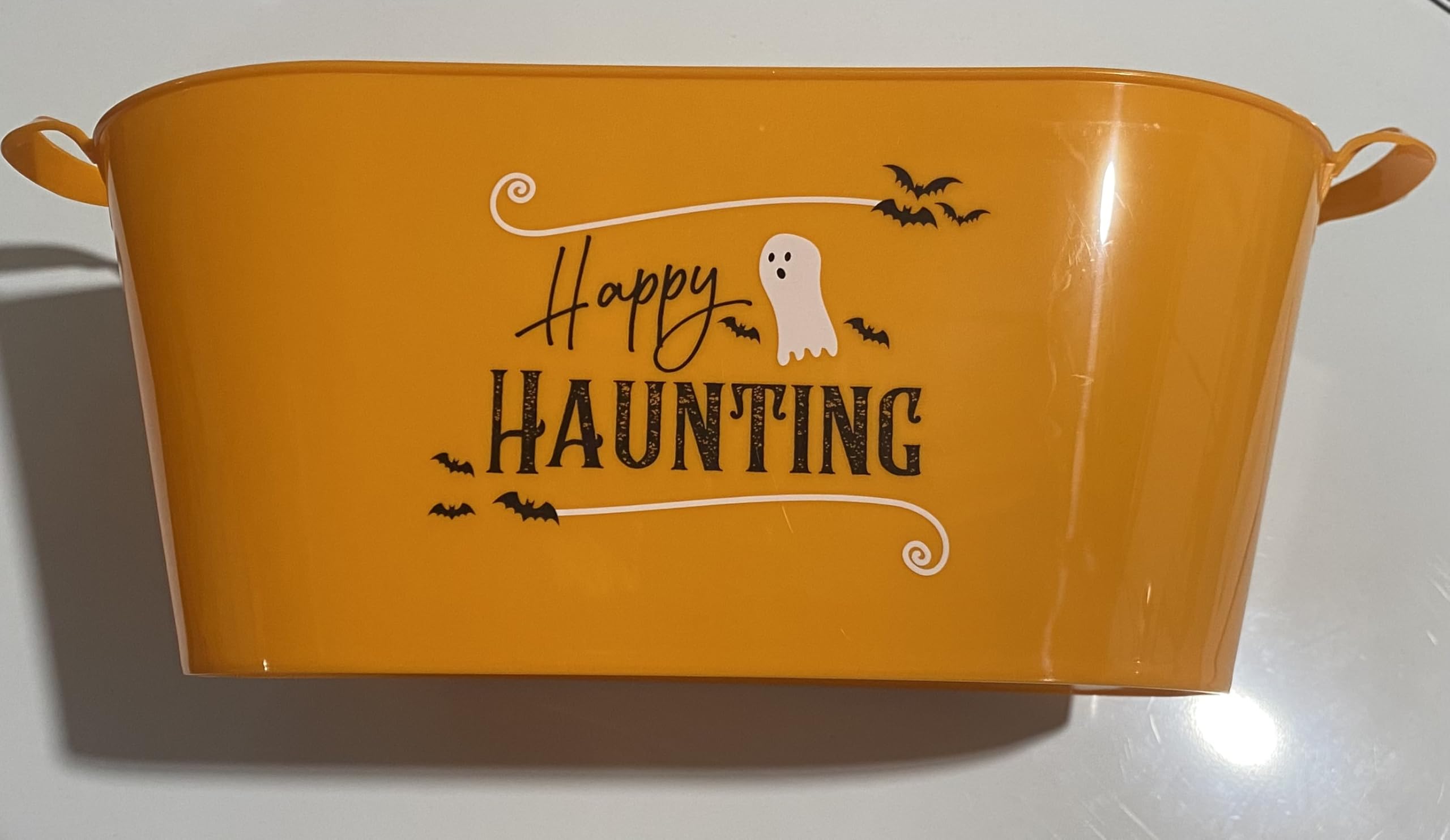 Happy Hunting Orange Oval Bucket with Handle Sentiment Plastic Buckets Handles Gifts Gift Baskets Storage Organizer Containers Party Favor Halloween Holiday Themed Plastic Buckets Decorations