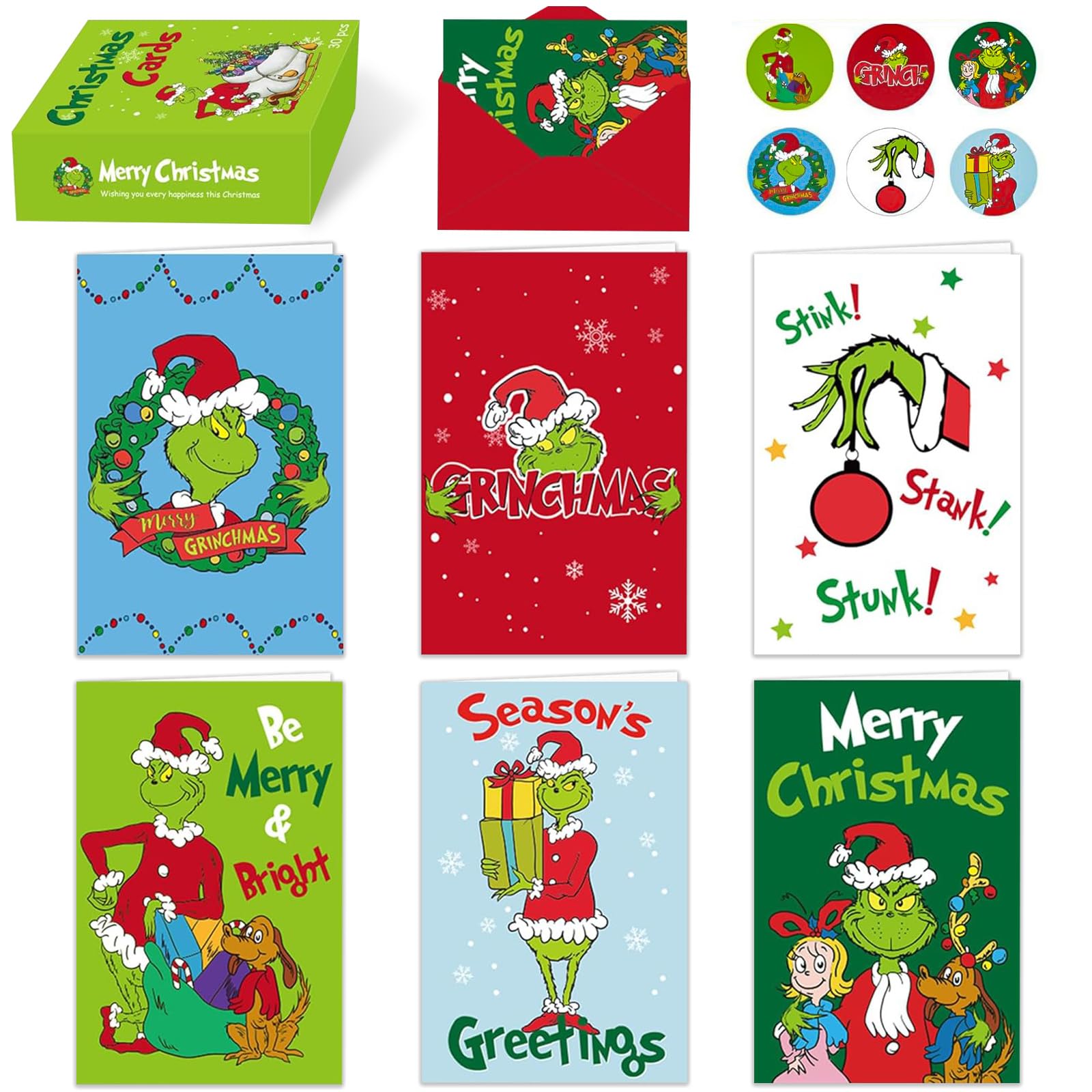 Fabelly Grinchs Christmas Cards, Set of 30 Christmas Cards Boxed with Envelopes and Stickers, 6 x 4 Inch 6 Assorted Designs Holiday Cards - Greeting Cards for Kids Boys Girls Adults