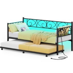 Unikito Daybed with Charging Station and LED Lights, Twin Daybed with Trundle Bed, Metal Sofa Day Bed Frame with Chic Headboard and Steel Slat Support for Living Room, Bedroom and Guest Room, Black