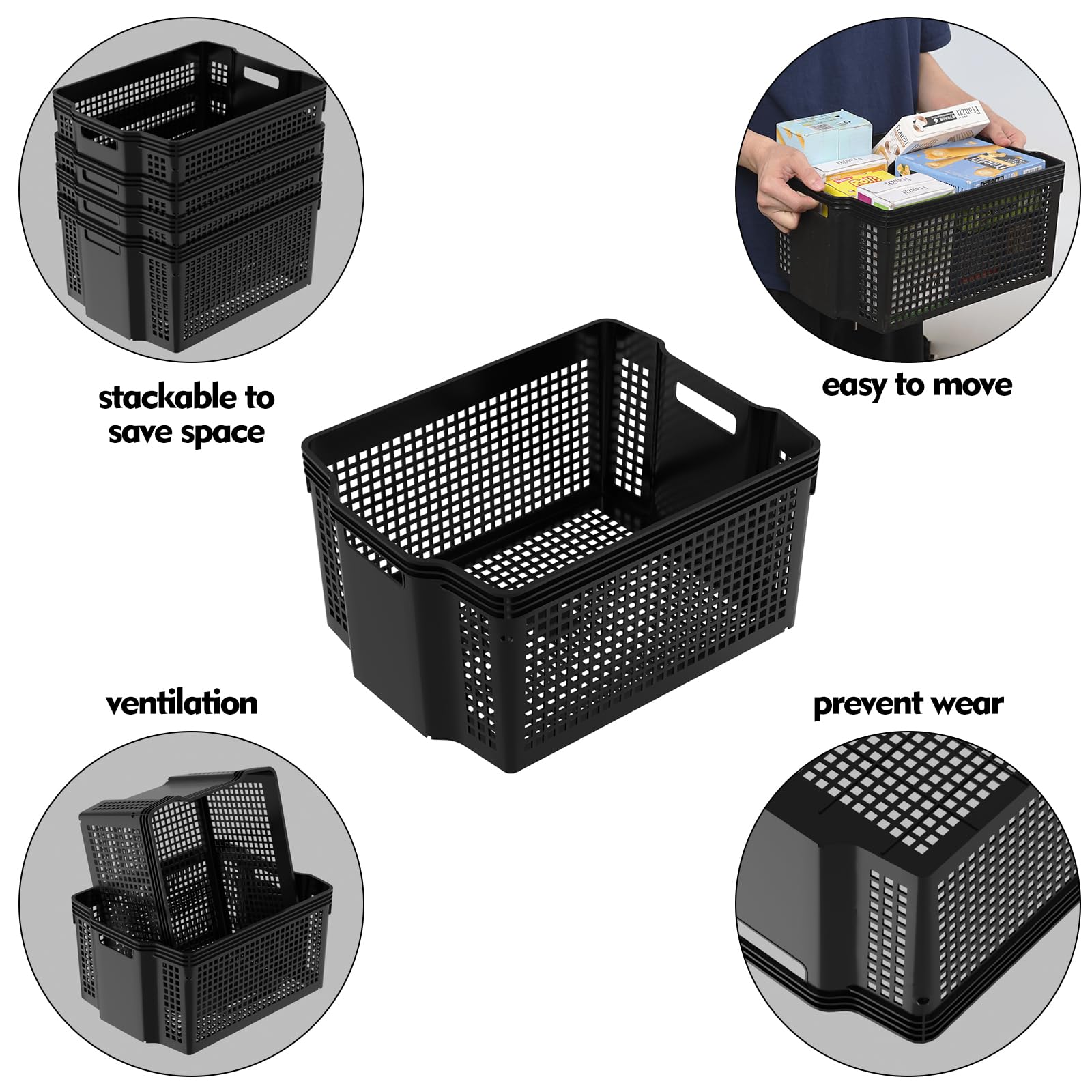 Bringer 12-Pack Large Plastic Organizer Baskets, Stacking Plastic Storage Basket, Black