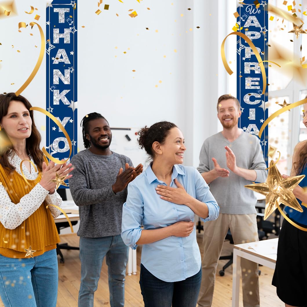 We Appreciate You Banner Decorations Thank You Door Banner Thank You for All You Do Backdrop for Teacher Employee Staff Doctors Nurse Poaster Volunteer Appreciation Week Party Porch Sign - Blue Silver