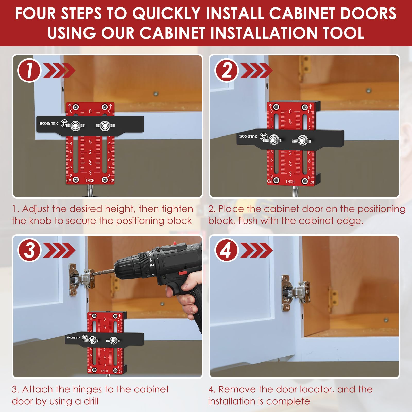 XULRKOS Cabinet Door Installation Positioner, Aluminum Alloy Cabinet Hardware Jig, Adjustable Length Cabinet Installation Tool, Punch Locator Precise Woodworking Drill Guide for Cabinet Installation