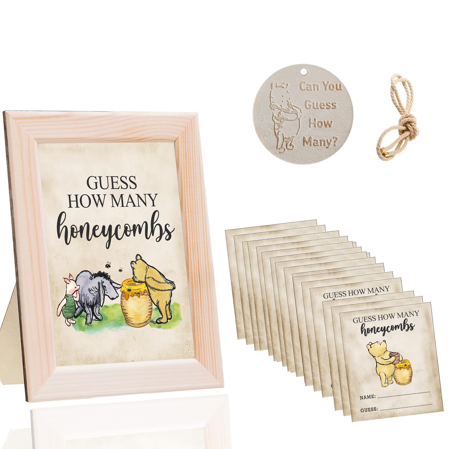 Classic The Pooh Bear Guess How Many Honeycombs Game- Perfect for Baby Showers, Newborn Parties & Birthdays Decorations | Wood Frame + Sign + Guest Game Card - 40 Pcs Set