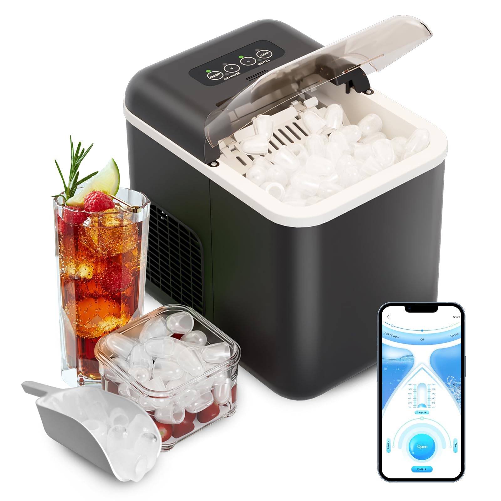 CSIHOP Nugget Smart Ice Maker Countertop, Portable Pebble Ice Maker with App, 9 Ice Cubes Ready in 6 Mins, 33lbs/24Hrs, Mini Ice Maker with Self-Cleaning Function, Ice Scoop, for Kitchen, Office, Bar