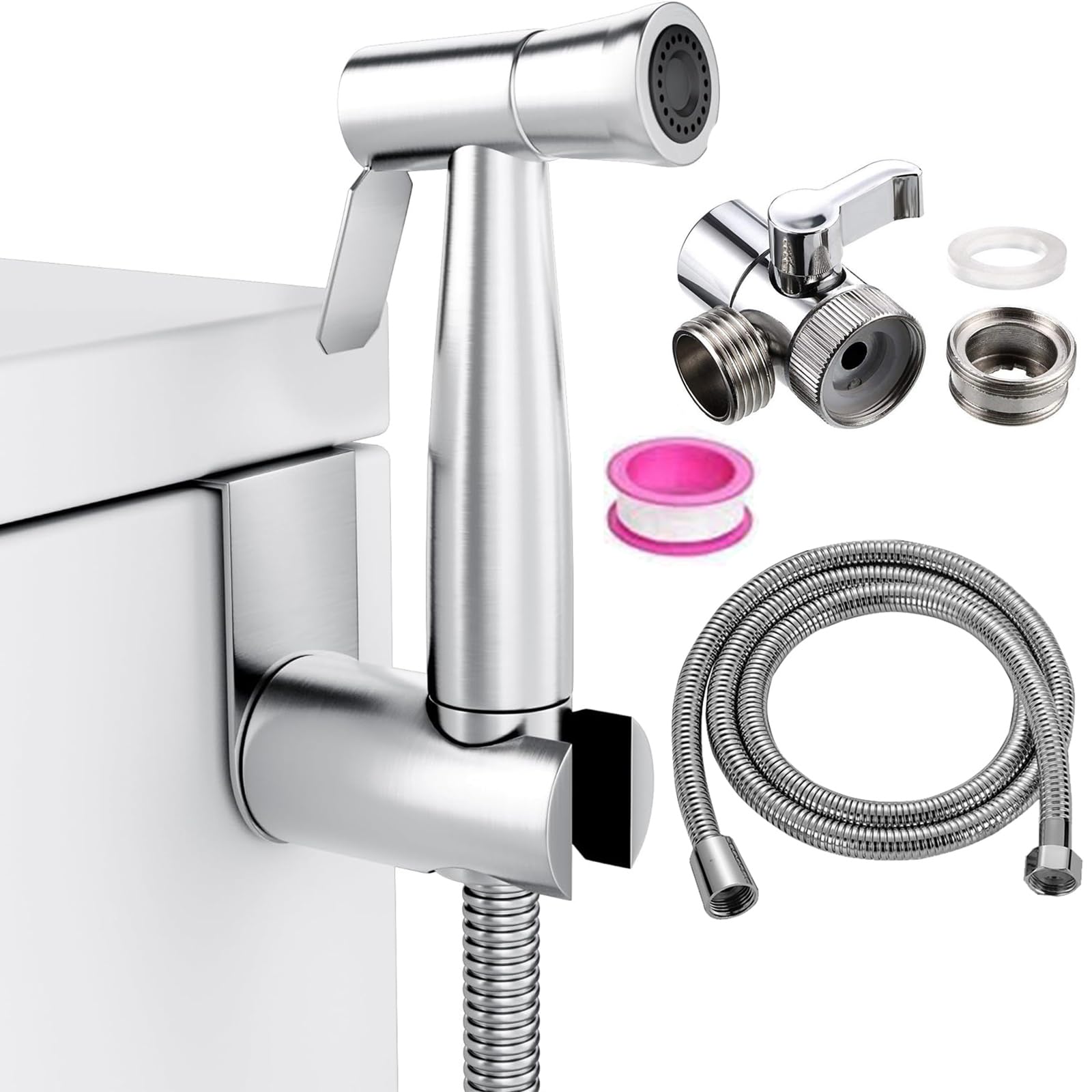 Bidet Stainless Steel Hand Shower, Toilet Sprayer Stainless Steel Shower and Baby Cloth Diaper Spray kit - with Faucet Dispenser, Hose and Hook Toilet or Wall Mount