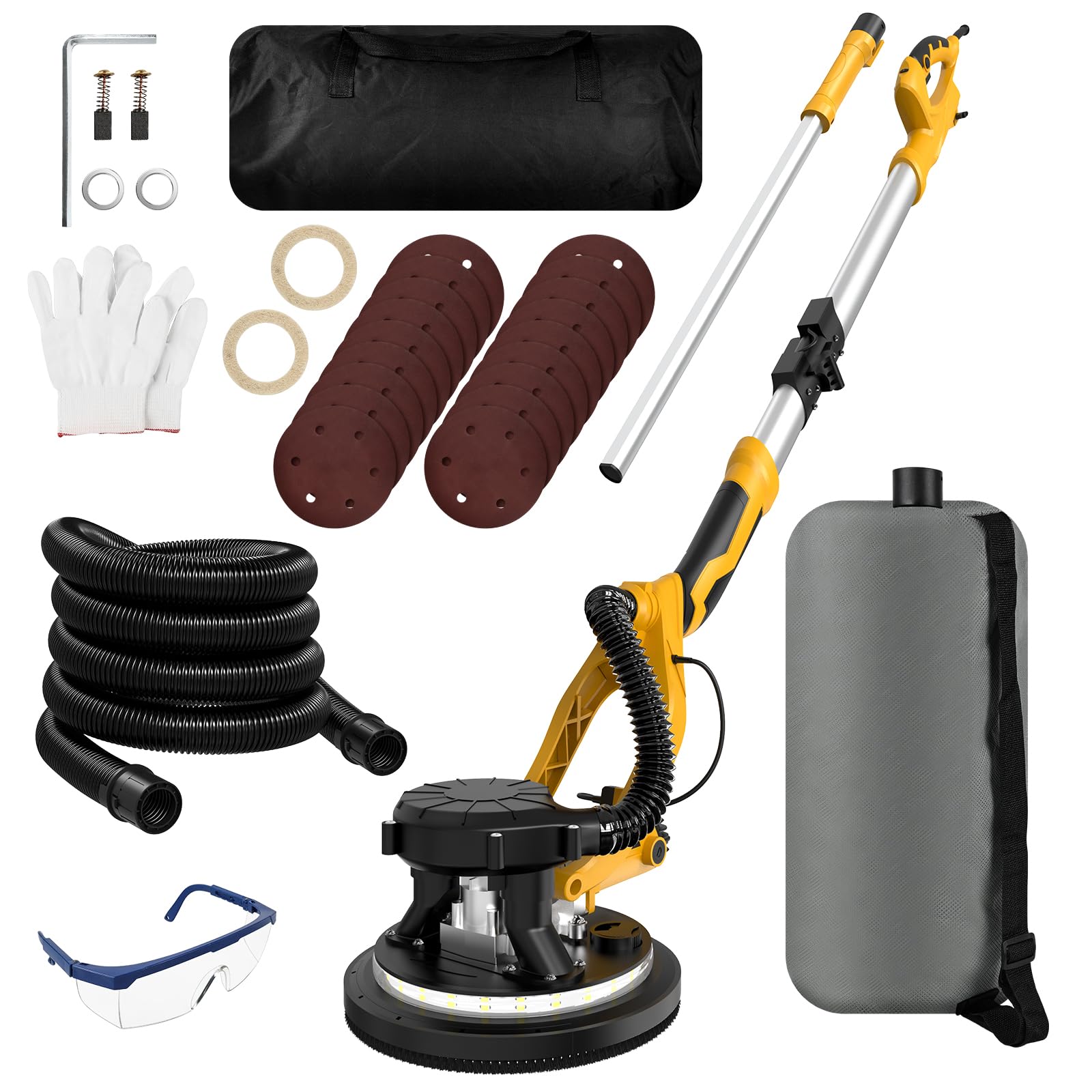 1250W Drywall Sander, 11.5A Electric Drywall Sander with Vacuum Dust Collection, 5 Variable Speed 800-1800RPM, Popcorn Ceiling Removal Tool with Extendable Handle, LED Light, 18pcs Sanding Discs