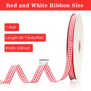 KINGLAKE Red Gingham Ribbon, 50Yd x 3/8" Red and White Gingham Ribbon, Red Checkered Craft Ribbon Cute Buffalo Plaid Ribbon for Christmas Wreath Decoration, Gfit Wrapping