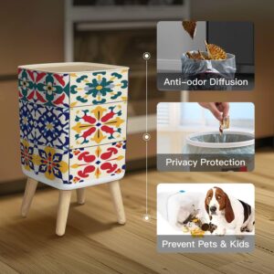 Small Trash Can with Lid Vintage tiles Traditional geometric ornate ceramic tiles seamless Wastebasket with Press Cover Dog Proof Garbage Can Waste Bin for Kitchen Bathroom Nursery 2.6 Gallon