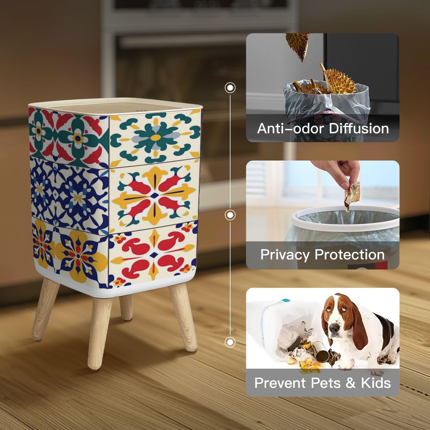 Small Trash Can with Lid Vintage tiles Traditional geometric ornate ceramic tiles seamless Wastebasket with Press Cover Dog Proof Garbage Can Waste Bin for Kitchen Bathroom Nursery 2.6 Gallon