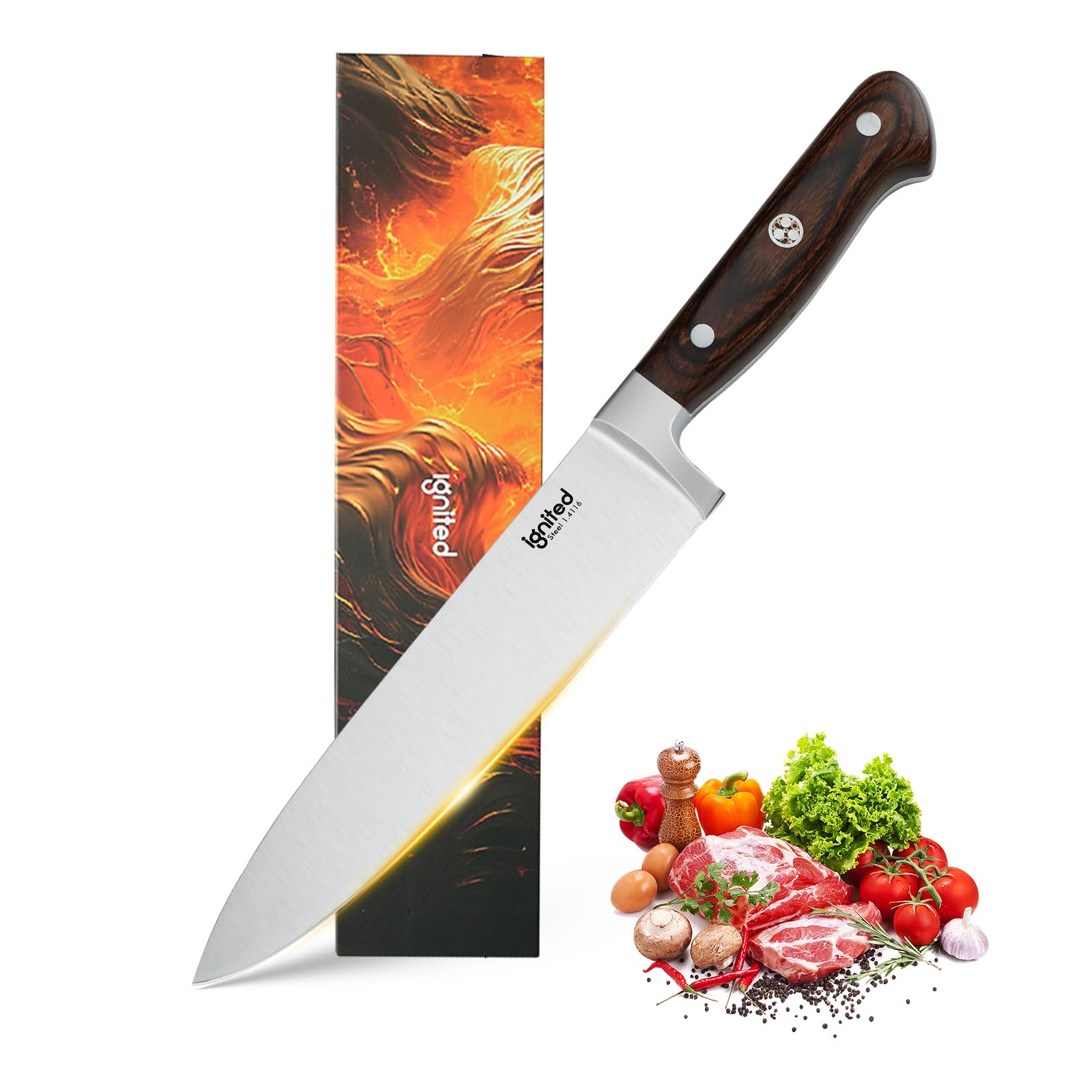 IGNITED CUTLERY Professional 8 Inch Chef Knife, 1.4116 German High Carbon Steel Kitchen Chef Knife, Chefs Knife With Pakkawood Handle, Dual Blade Sharp Kitchen Knife With Gift Box