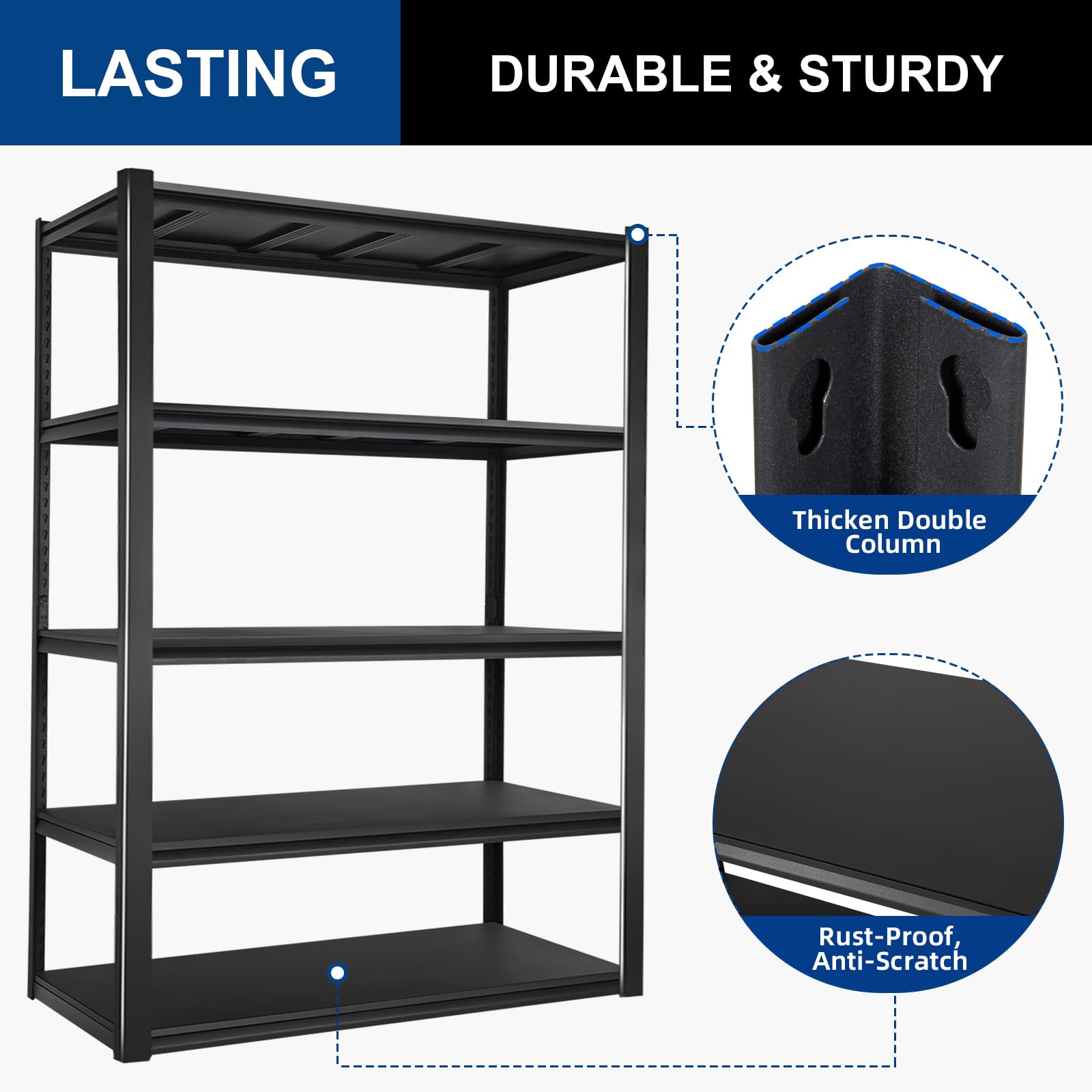 BILT HARD 48" W x 24" D x 72" H Garage Shelving Heavy Duty 2750LBS, 48 Inch Wide Adjustable 5-Tier Metal Shelves for Storage, Industrial Metal Shelf Utility Racks for Basement, Shop, Warehouse, Black