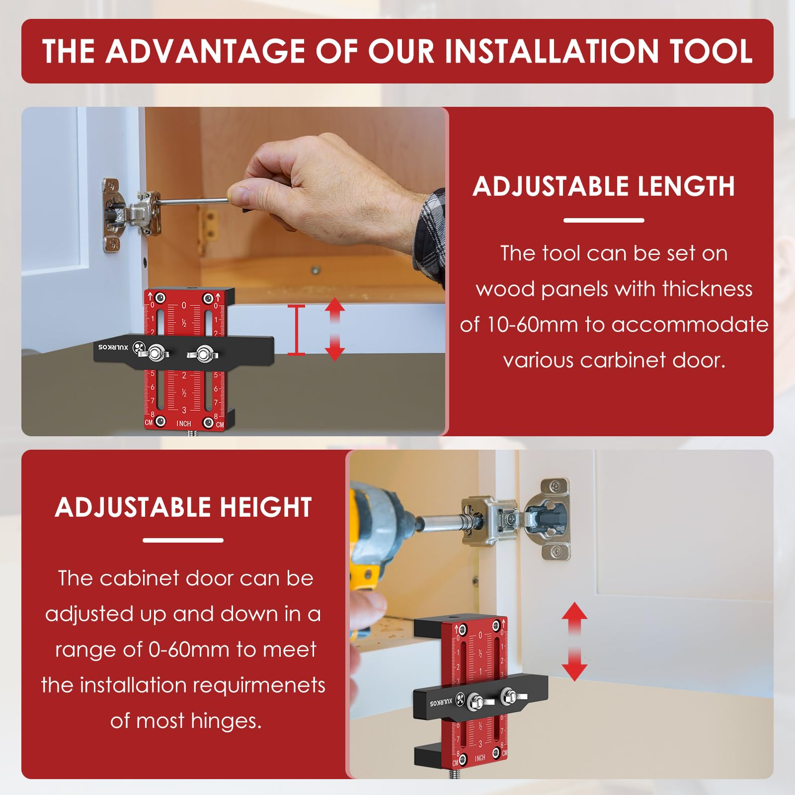 XULRKOS Cabinet Door Installation Positioner, Aluminum Alloy Cabinet Hardware Jig, Adjustable Length Cabinet Installation Tool, Punch Locator Precise Woodworking Drill Guide for Cabinet Installation