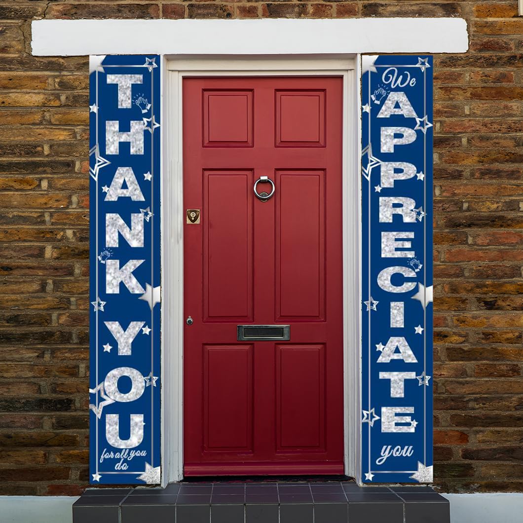 We Appreciate You Banner Decorations Thank You Door Banner Thank You for All You Do Backdrop for Teacher Employee Staff Doctors Nurse Poaster Volunteer Appreciation Week Party Porch Sign - Blue Silver