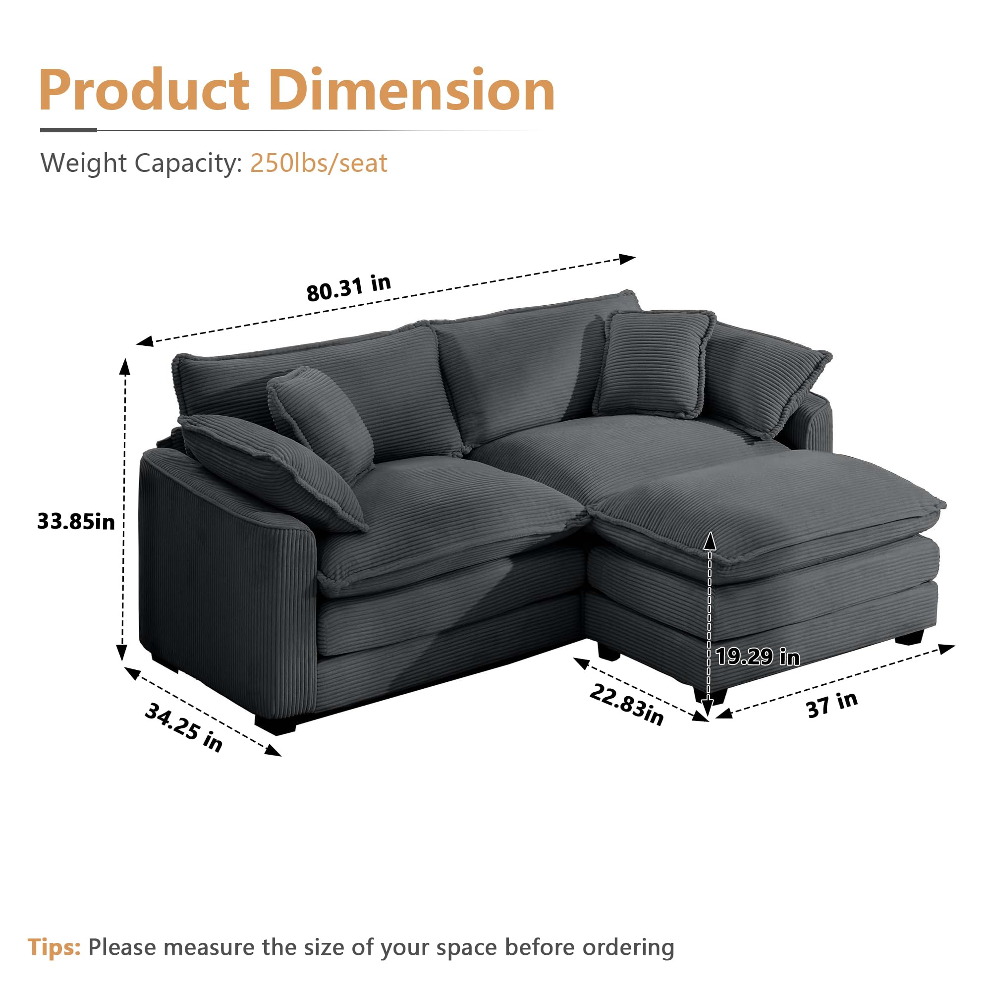 Nestglow Oversized Modular Sectional Sofa, 80'' Modern Corduroy Comfy Cloud Couches for Living Room Apartment, L-Shaped Deep Seat Loveseat Sofa with Movable Ottoman, Grey