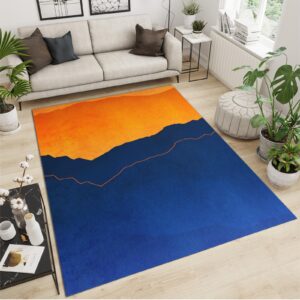 Navy Blue and Orange Irregular Splicing Area Rug, Modern Fashion Creative 5' x 3.3' Rugs, Low Pile Washable Non Slip Indoor Carpet for Living Room Bedroom Entryway Hallway Study Room Home Decor