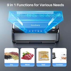 InnJoey Vacuum Sealer Machine, 85kPa 120W Automatic Food Sealer, Powerful Sealing System, Build-in Cutter | Moist Mode and Air Suction Hose | Bag Rolls and 5pcs Storage Bags