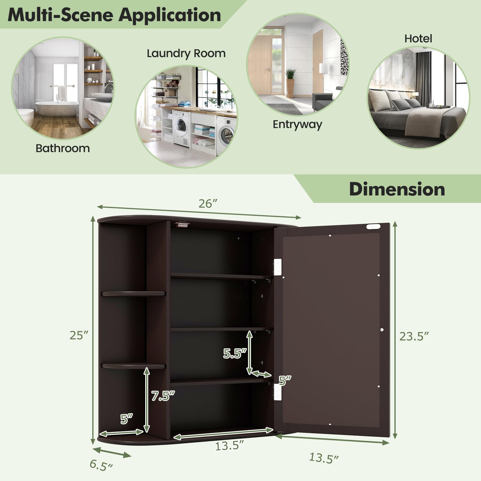 HOMGX Wall Cabinet, Recessed Medicine Cabinets W/Mirror Door & 3 Adjustable Shelves, Space Saver Storage Cabinets W/ 6 Open Shelves, Wall-Mounted, Bathroom Medicine Cabinets for Toilet & Laundry Room