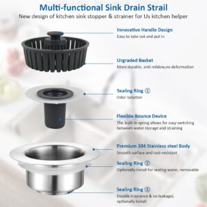 3 in 1 Kitchen Sink Drain Strainer and Stopper Combo, Stainless Steel Pop Up Sink Stopper with Anti-Clogging Basket Sink Strainer, Sink Bounce Core Drain Strainer for Standard 3-1/2 Inch Drain