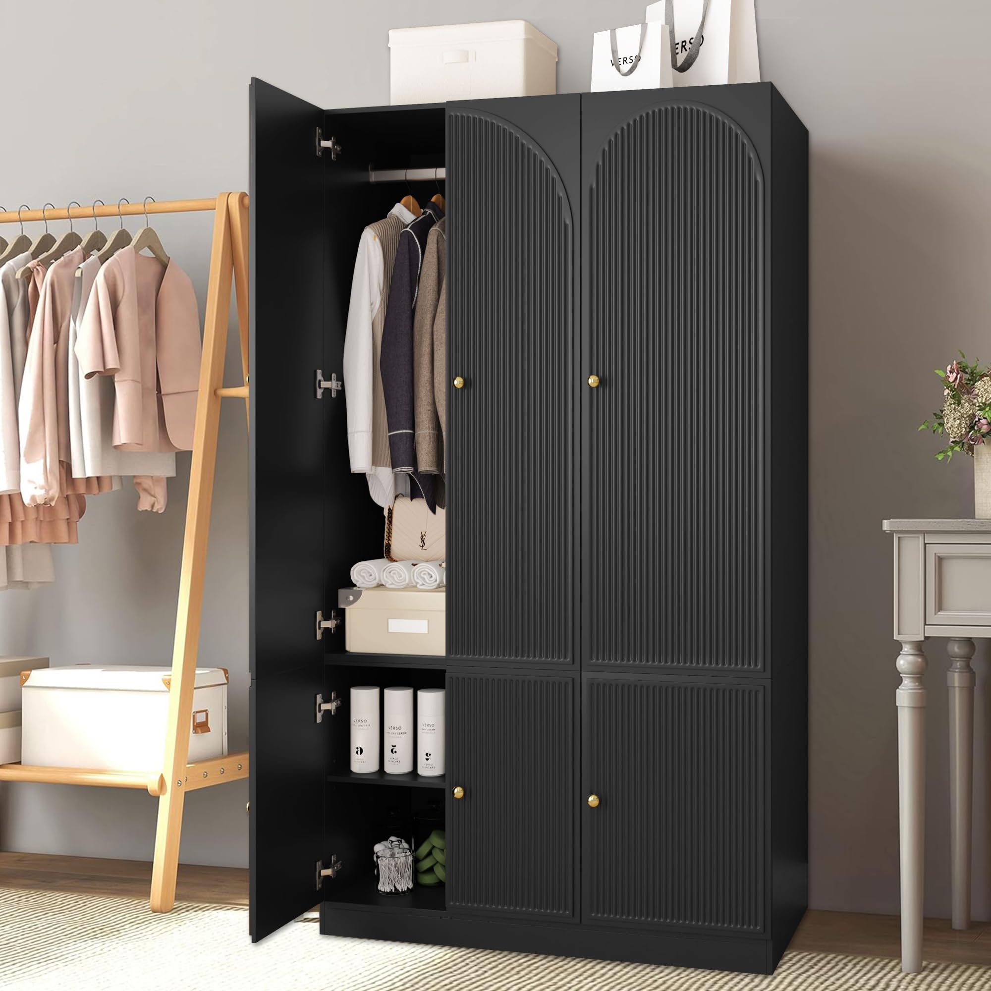 YMXLTD Armoire Wardrobe Closet with Doors for Hanging Clothes, Black Wardrobe Closet Cabinet with Hanging Rod, Modern Large Tall Wardrobe Storage Closet for Bedroom for Hanging Coat