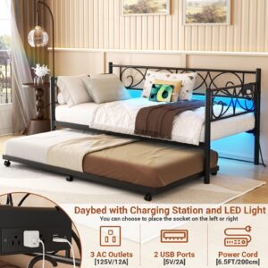 Unikito Daybed with Charging Station and LED Lights, Twin Daybed with Trundle Bed, Metal Sofa Day Bed Frame with Chic Headboard and Steel Slat Support for Living Room, Bedroom and Guest Room, Black