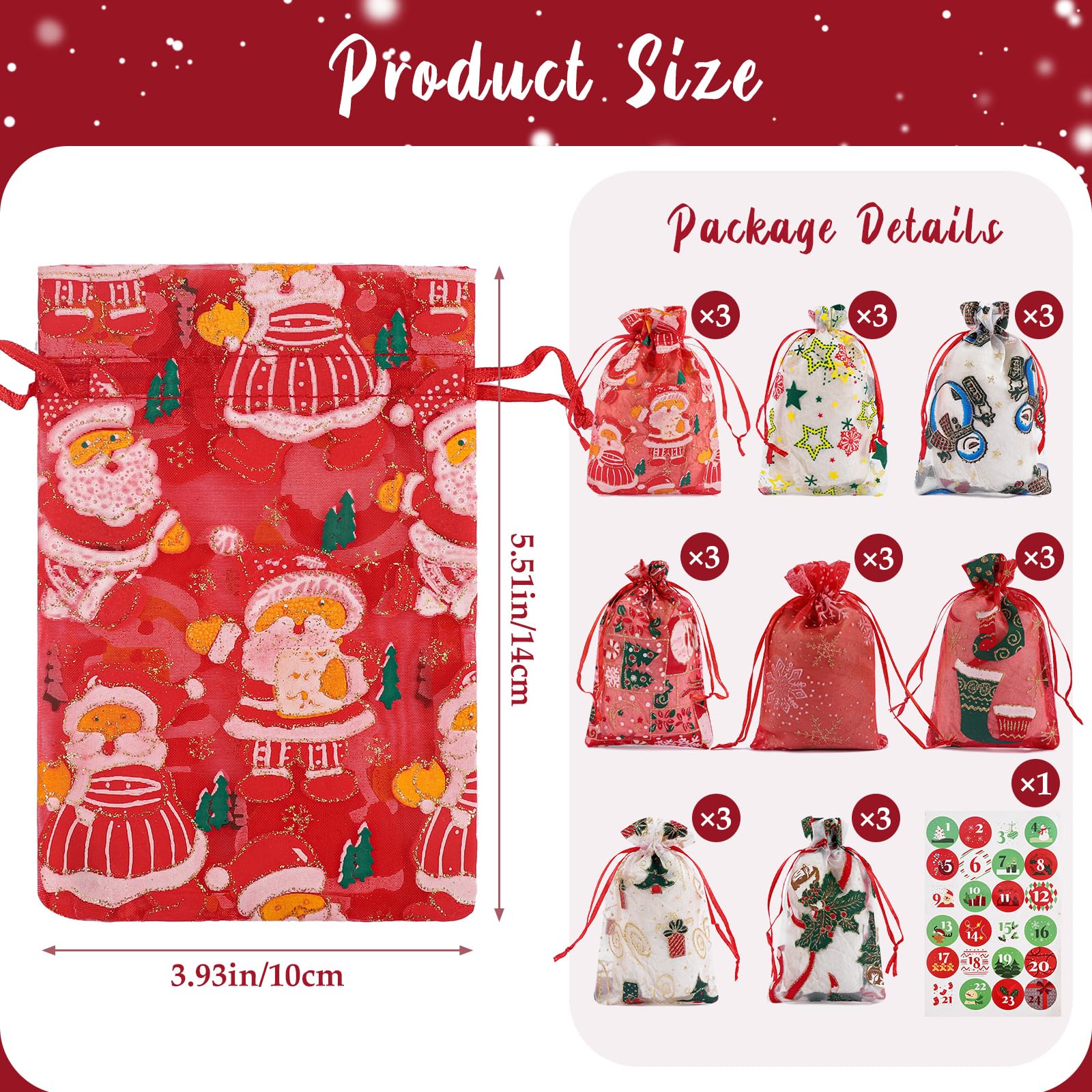 yeatem 24 Pieces Small Christmas Gift Bags, Christmas Gift Bags Bulk, Christmas Candy Bags,Drawstring Christmas Bags, Christmas Holiday New Year Party Favors, 8 Designs Organza Bags