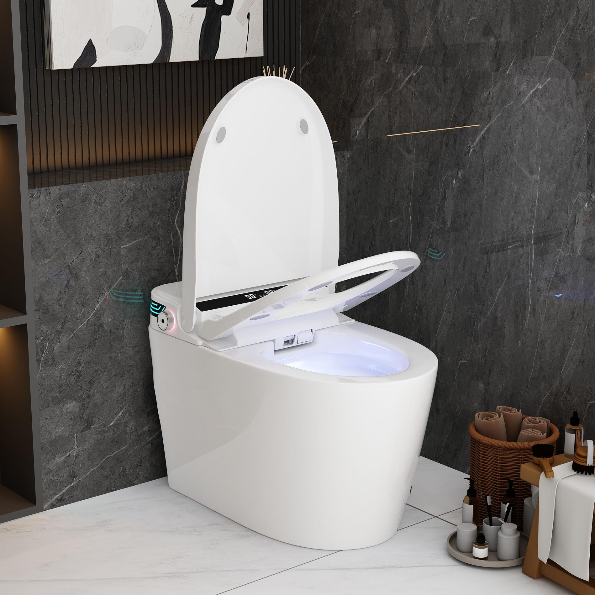 Lovinouse Smart Toilets Bidet, Modern Toilet and Bidets,Power Flush Self Cleaning Tankless Toilet with Bidet,One-piece for Bathrooms,Heated Seat,Water Sprayer & Dry,Foot Sensor Operation,White