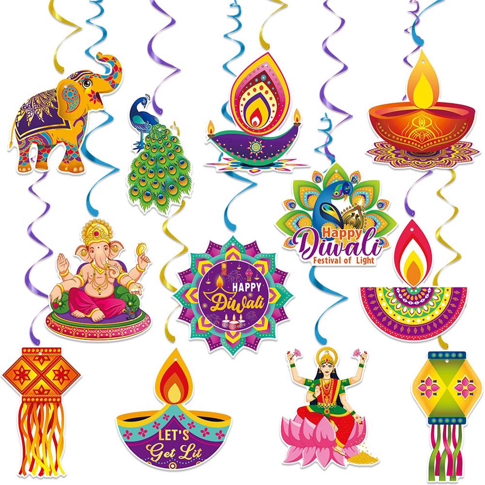 12 PCS Diwali Decorations,Diwali Hanging Swirls Party Decoration Streamer Banner for Home Diwali Indian Style Party, Diwali Deepavali Streamer for Themed Party Supplies Festival of Lights Party Decor