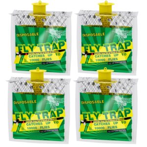 fly trap, 4 pack hanging fly traps outdoor home, disposable fly catcher outdoor with premium fly bait, pet safe pest control, flying insect and horse fly traps outdoor for backyard, patio & camping