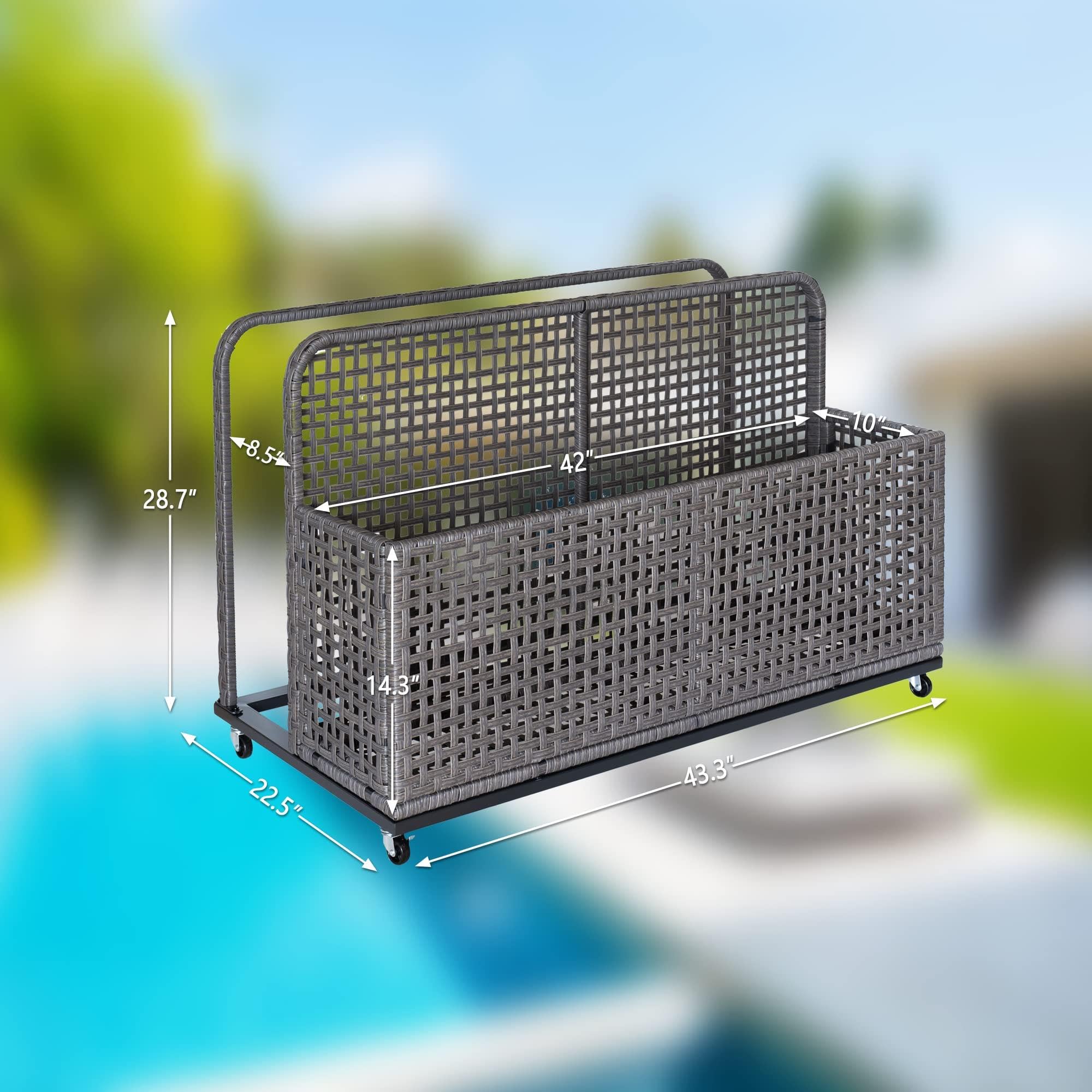 Flarhetoric Pool Float Storage PE Rattan Poolside Float Storage with Wheels & Side Shelves, Elevated Design for Dryness, for Patios, Gardens and Balconies, Grey