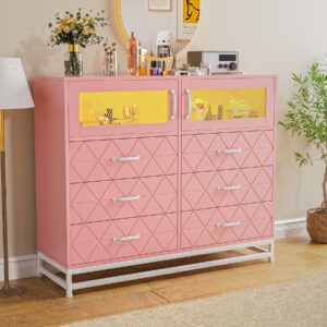 garveehome 6 drawer dresser with 2 doors, dresser for bedroom with led lights and charging station, wood dresser modern chest of drawers for bedroom, entryway, hallway, pink