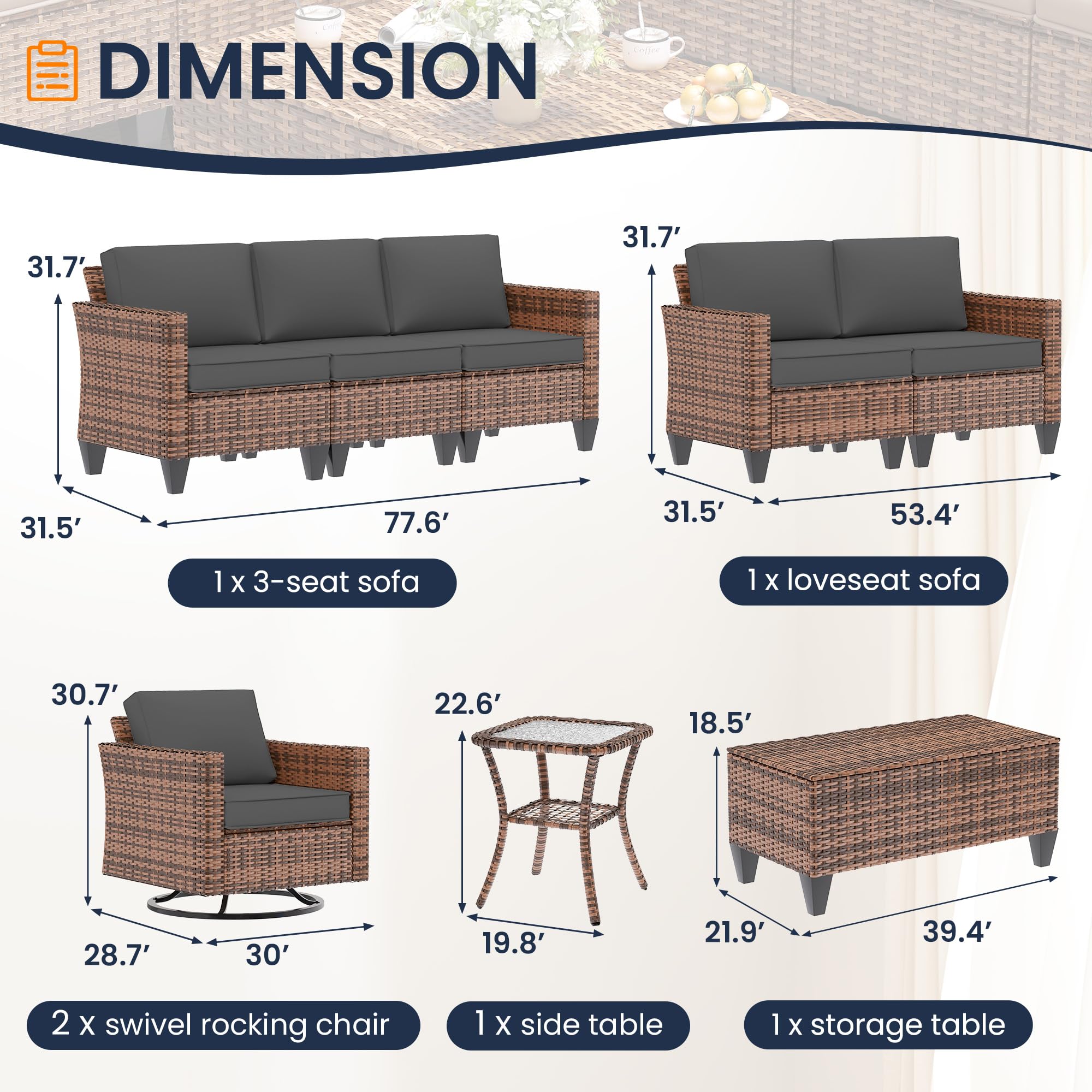 UDPATIO Patio Furniture Set, 6 Pieces Outdoor Conversation Sets with Rocking Swivel Chairs, Wicker Rattan Outdoor Sofa Set with Storage Table and Waterproof Covers for Backyard, Deck, Porch