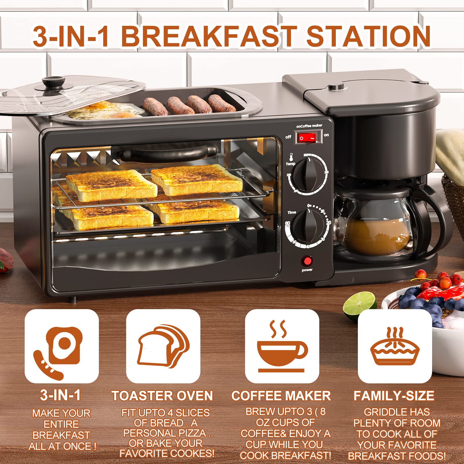 Breakfast Station, Toaster with Frying Pan, Portable Oven Breakfast Maker with Coffee Machine, Non Stick Die Cast Grill/Griddle for Bread Egg Sandwich Bacon Sausages (Bright Black)