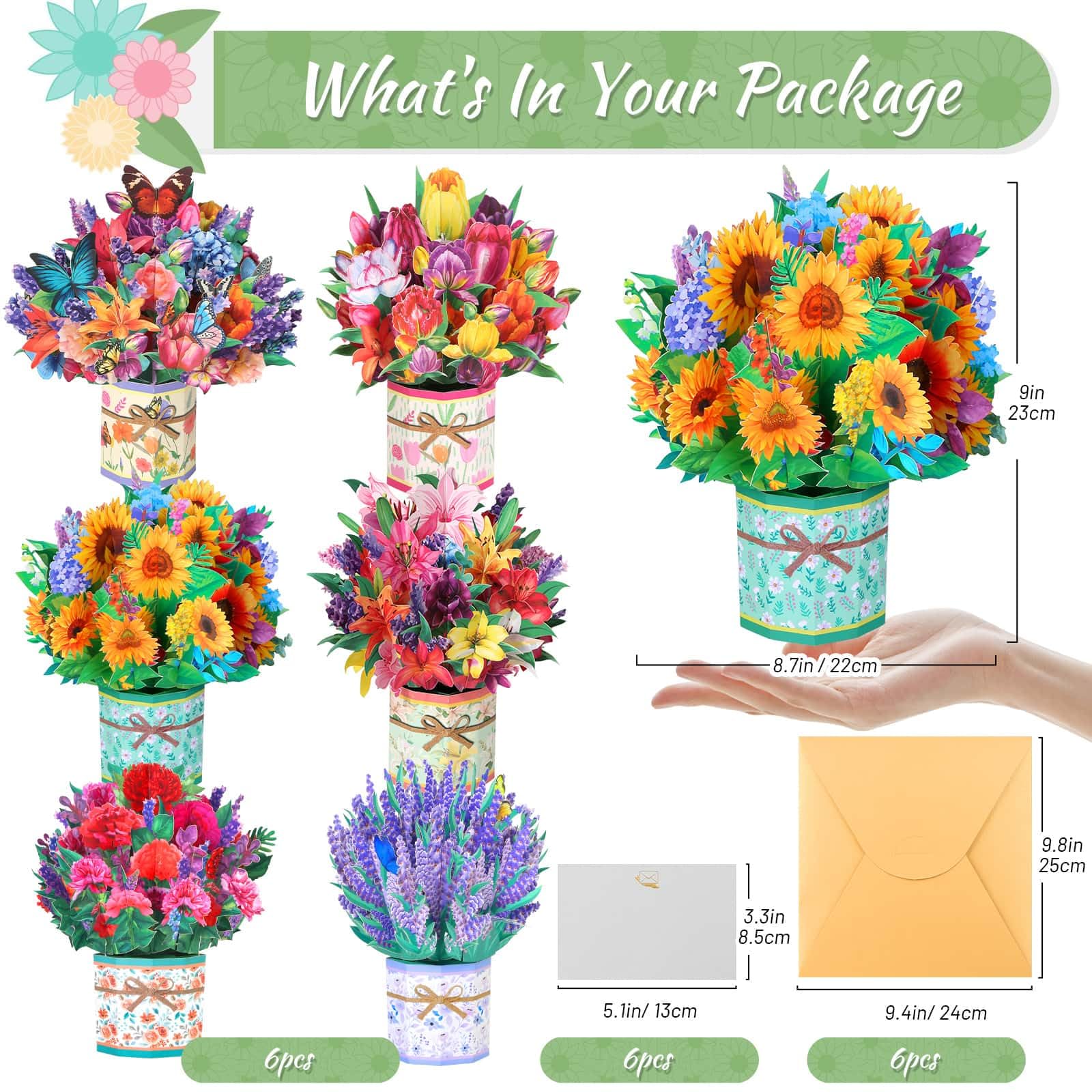 6 Pack Paper Flower Pop Up Cards, Flower Bouquet Card Popup 3D Greeting Cards for Mother's Day, Graduation, Anniversary, Birthday, Congratulations, Get Well, Home Decor, with Envelope and Note