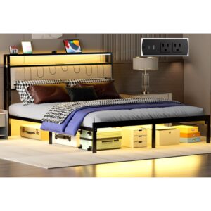 natekelly full bed frame with led lights, metal platform frame upholstered headboard, charging station, storage shelves, heavy duty metal slats, no box spring needed, noise free, easy assembly, black