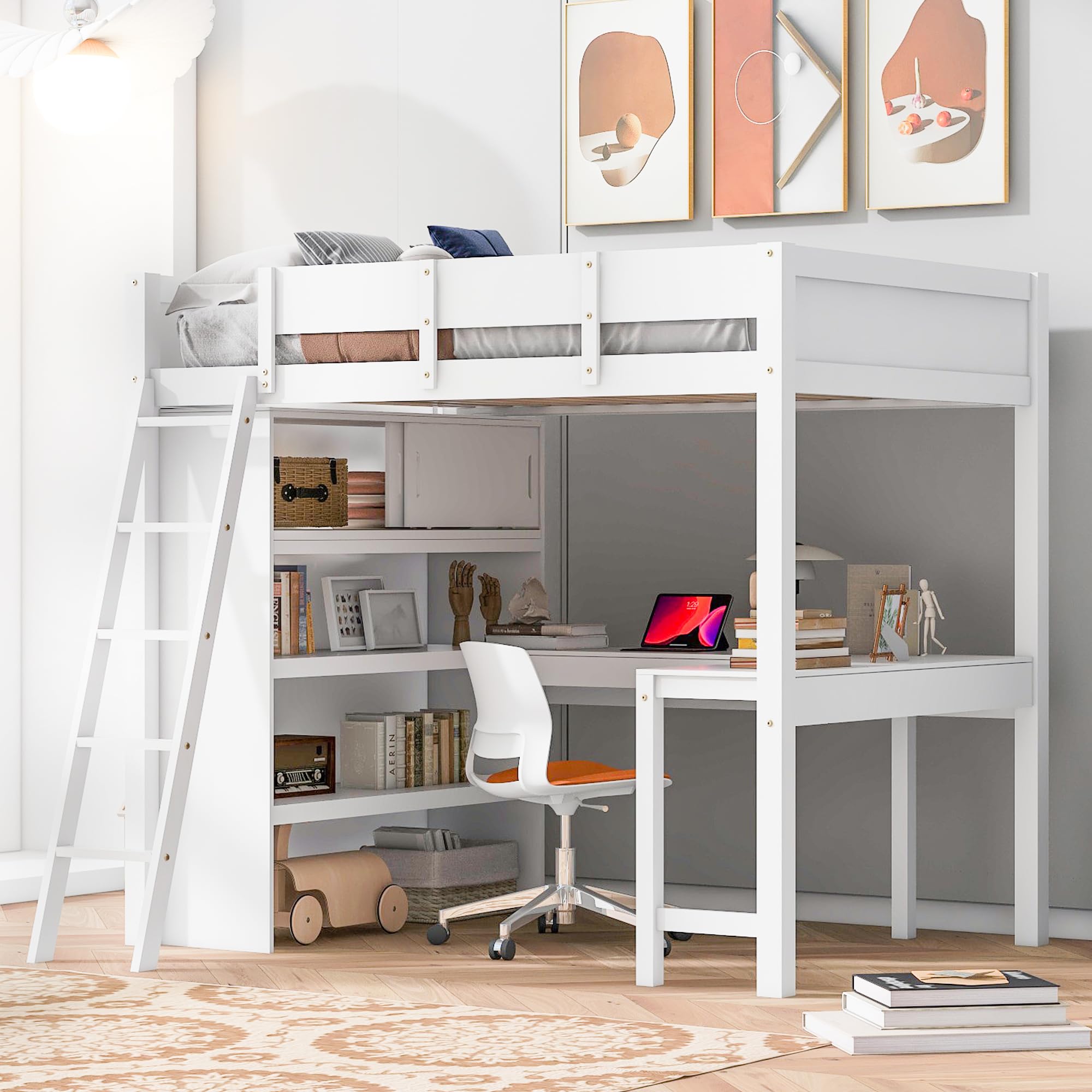 Ball & Cast Full Size Loft Bed with Stair & Safety Guardrail,Solid Wood Bedframe W/Desk & Storage Shelves,Space-Saving,Easy Aseembly,Multifunctional Furniture for Boys Girls Teens Adult Bedroom,White