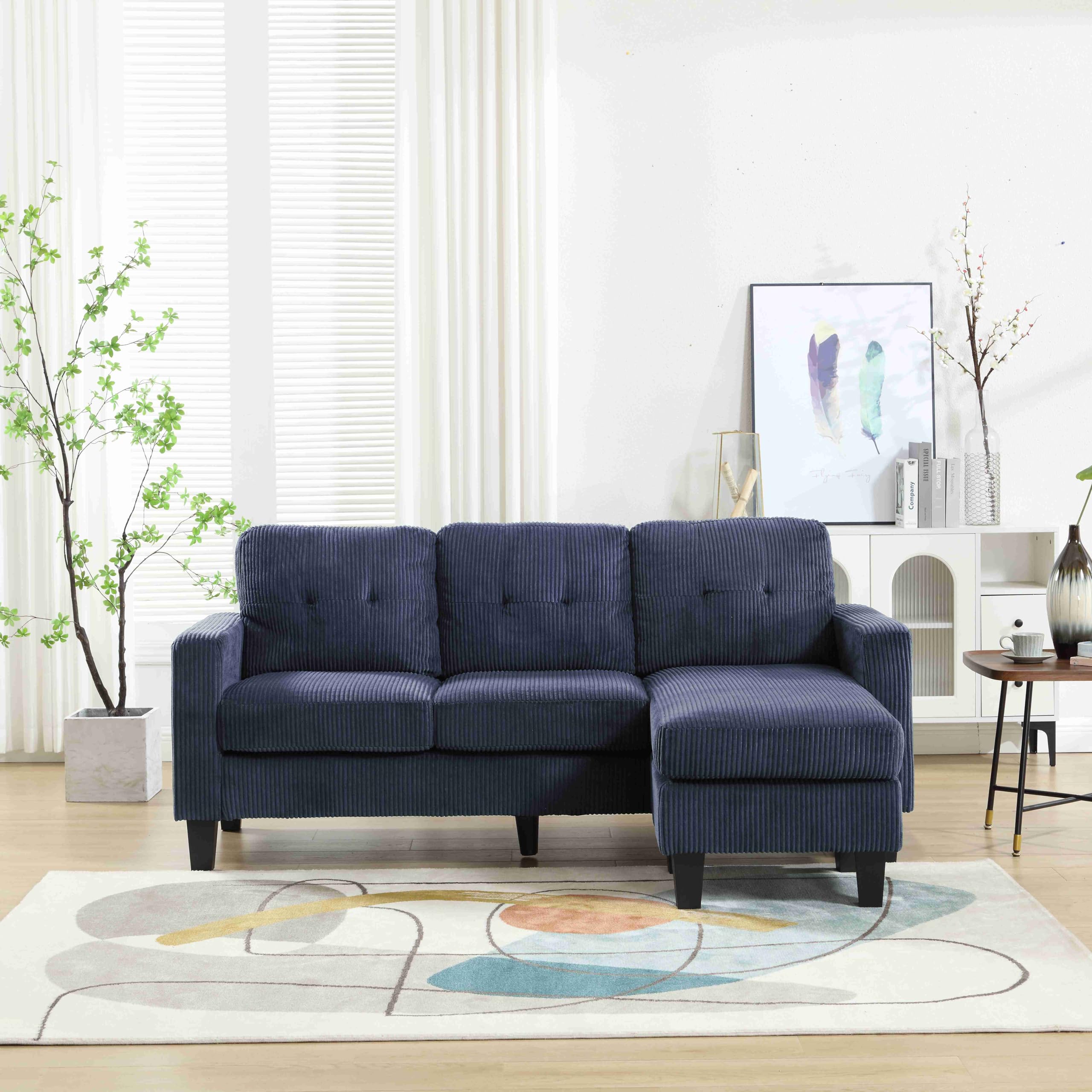 CasaGlajore 73.5 Inch Corduroy Convertible Sectional Sofa, L-Shaped Couch with Reversible Chaise for Small Spaces, Small couches for Small Spaces with Chaise Lounge (Dark Blue)