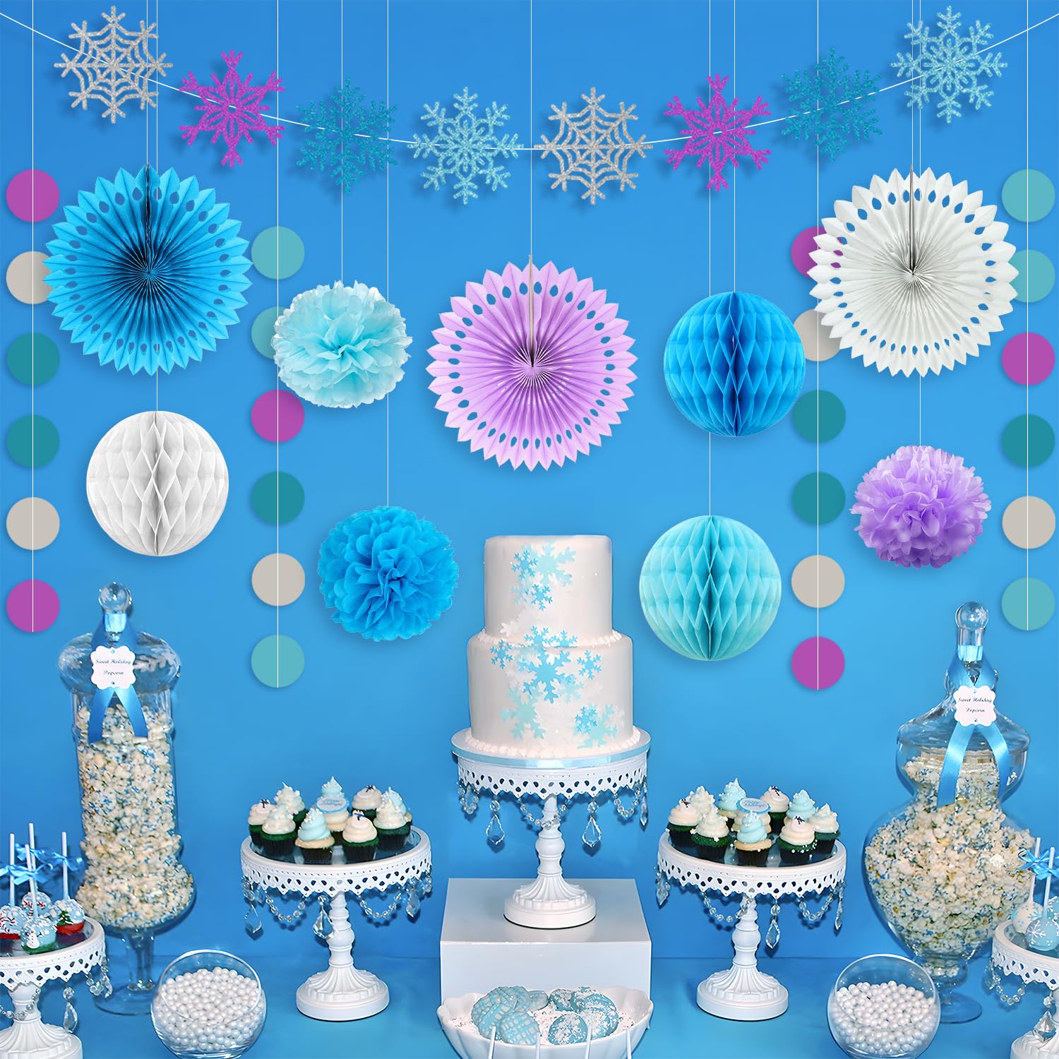 Winter Snowflake Decorations, Frozen Birthday Party Decorations Includes Snowflake Banner Paper Lanterns,Tissue Pom Poms Fan,Winter Wonderland Baby Shower Winter Birthday Party Decorations