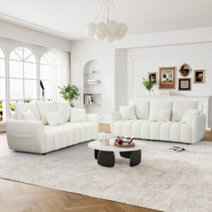 Wrofly Teddy Cloud Sofa Couch, Modern Deep Seat Boucle Sofa, Comfy Upholstered Sherpa 3 Seater Couch with 3 Pillows, Oversized Loveseat for Living Room Apartment Office, Beige White