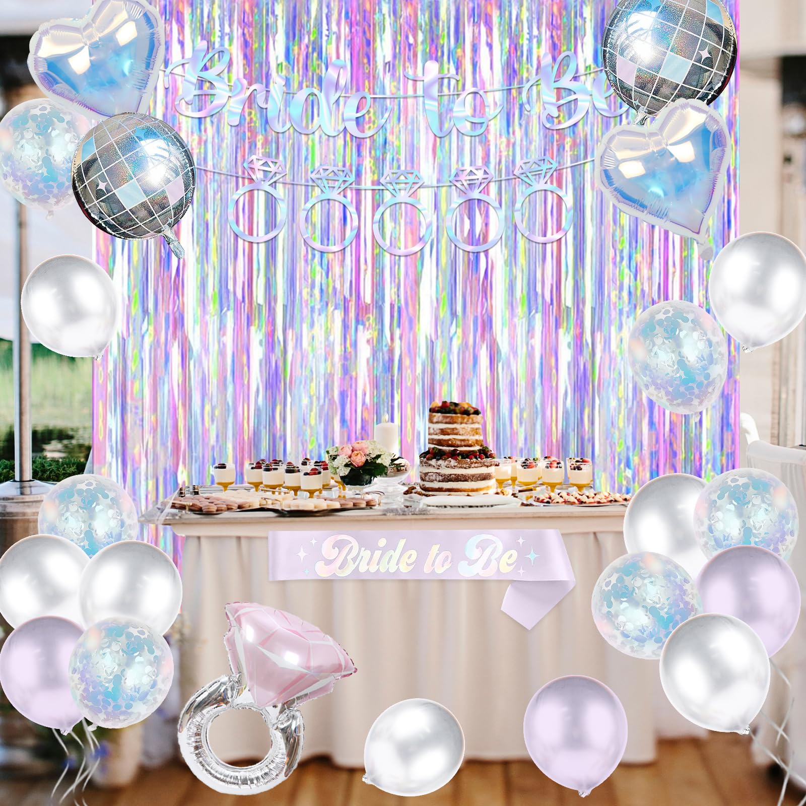 Bridal Shower Decorations Kit,Iridescence Bride To Be Decor Include Laser Balloons Photo Props Fringe Curtain Sash for Bachelorette Party Decor Wedding Shower Decorations