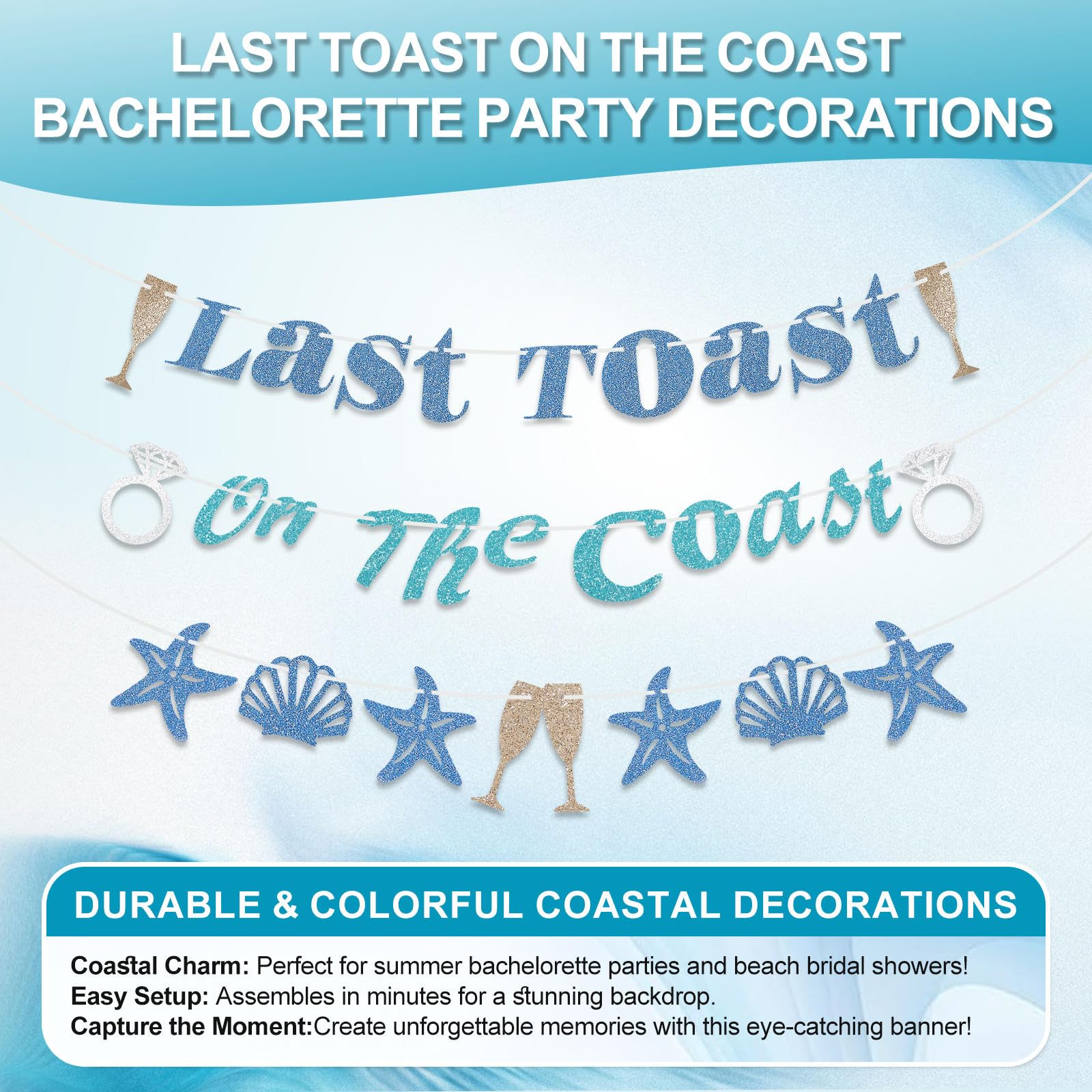 Last Toast On The Coast Bachelorette Party Decorations, Summer Blue Beach Pool Bridal Shower Diamond Ring Banner, Coastal Nautical Decor Supplies for Bride to be