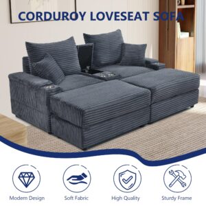 Oversized Loveseat with 2 Ottomans, 82.67" Corduroy Cloud Couch with USB Charger Console Storage Armrest, Modern Sectional Sofa Lounge Sleeper Sofa for Living Room Office, Grey